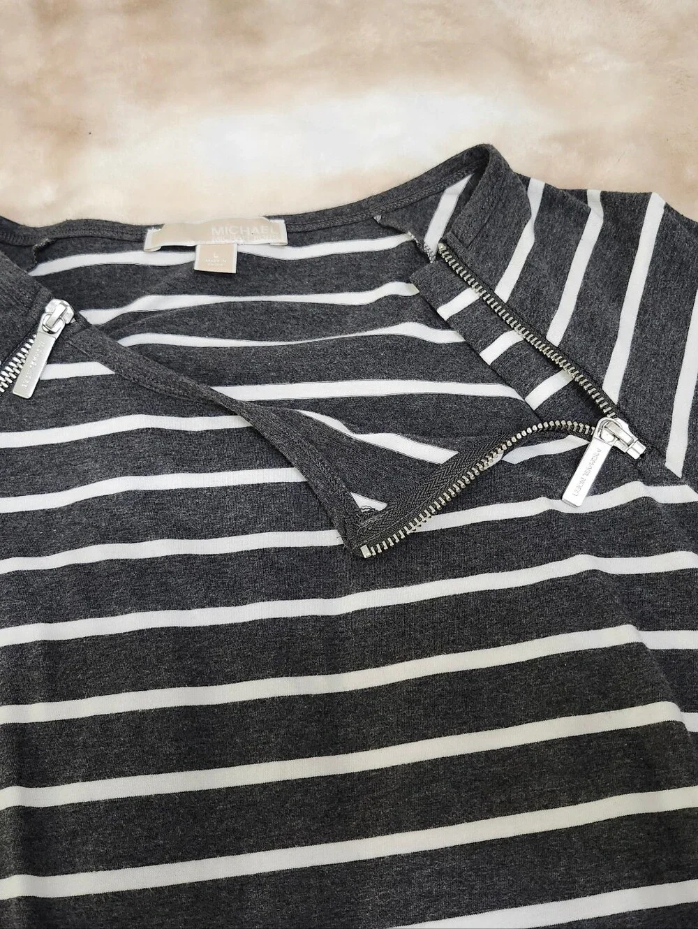 Michael Kors Gray and White Striped 3/4 Sleeve Zipper Raglan Tee Shirt